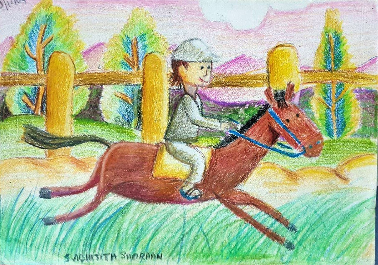 Horse riding - crayon pastel work kenfortes children online arts classes