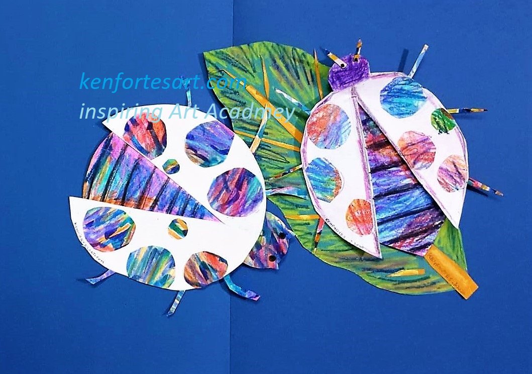 LADY BIRDS - KENFORTES PAPER COLLAGE -BUGS - CHILDREN PENCIL AND PAINTS ONLINE ARTS CLASSES - ADULTS HOBBY ART