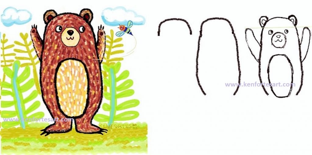Grizzly-brown-bear-FIGHTS-A-HONEY-BEE-children-Crayon-sketch-coloring-kenfortes- Online art-lessons-children-online-arts-classes-india