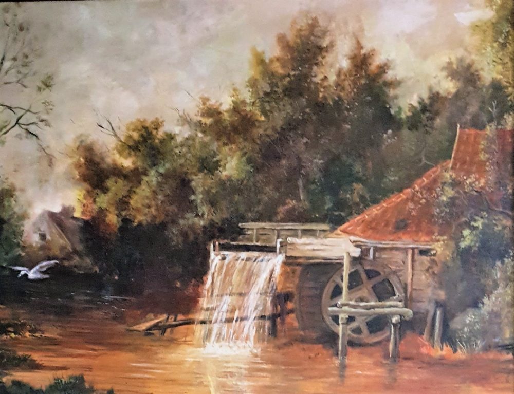 adults art courses- landscapes water mill - acrylic painting on canvas