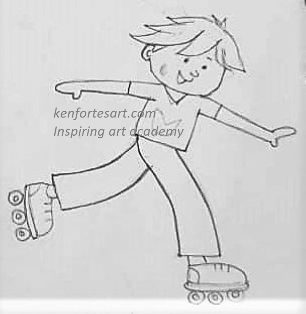 Boy roller blade skating - children pencil drawing online arts classes pencil and paints india - adults weekend hobby art