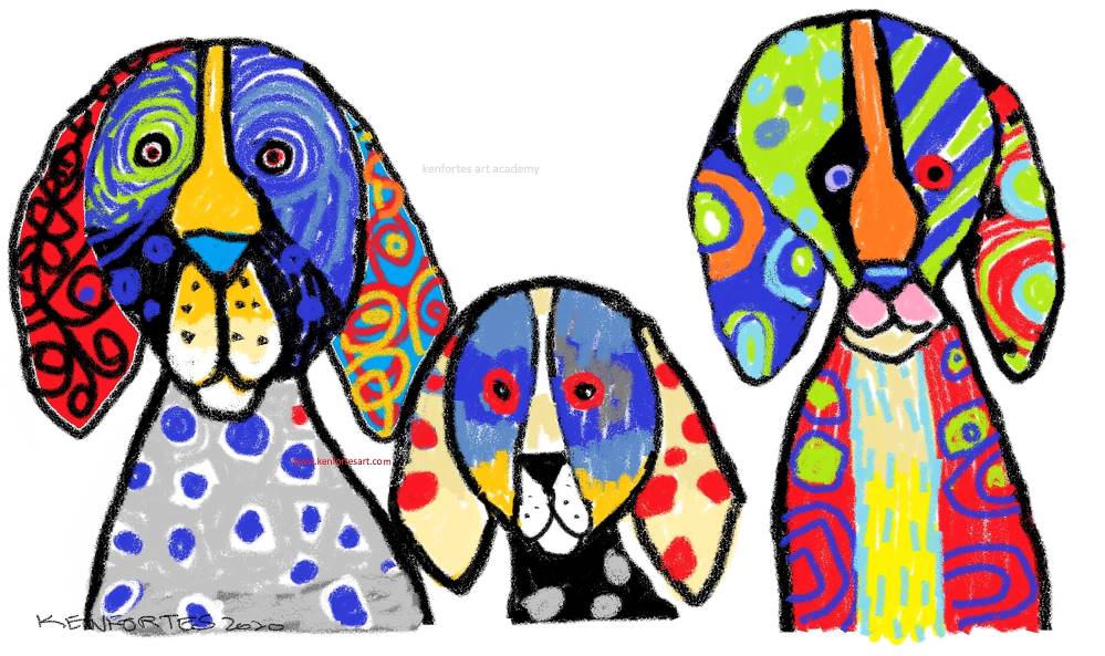 3 Funny dogs in crayons - Kenfortes online children art class - Home work
