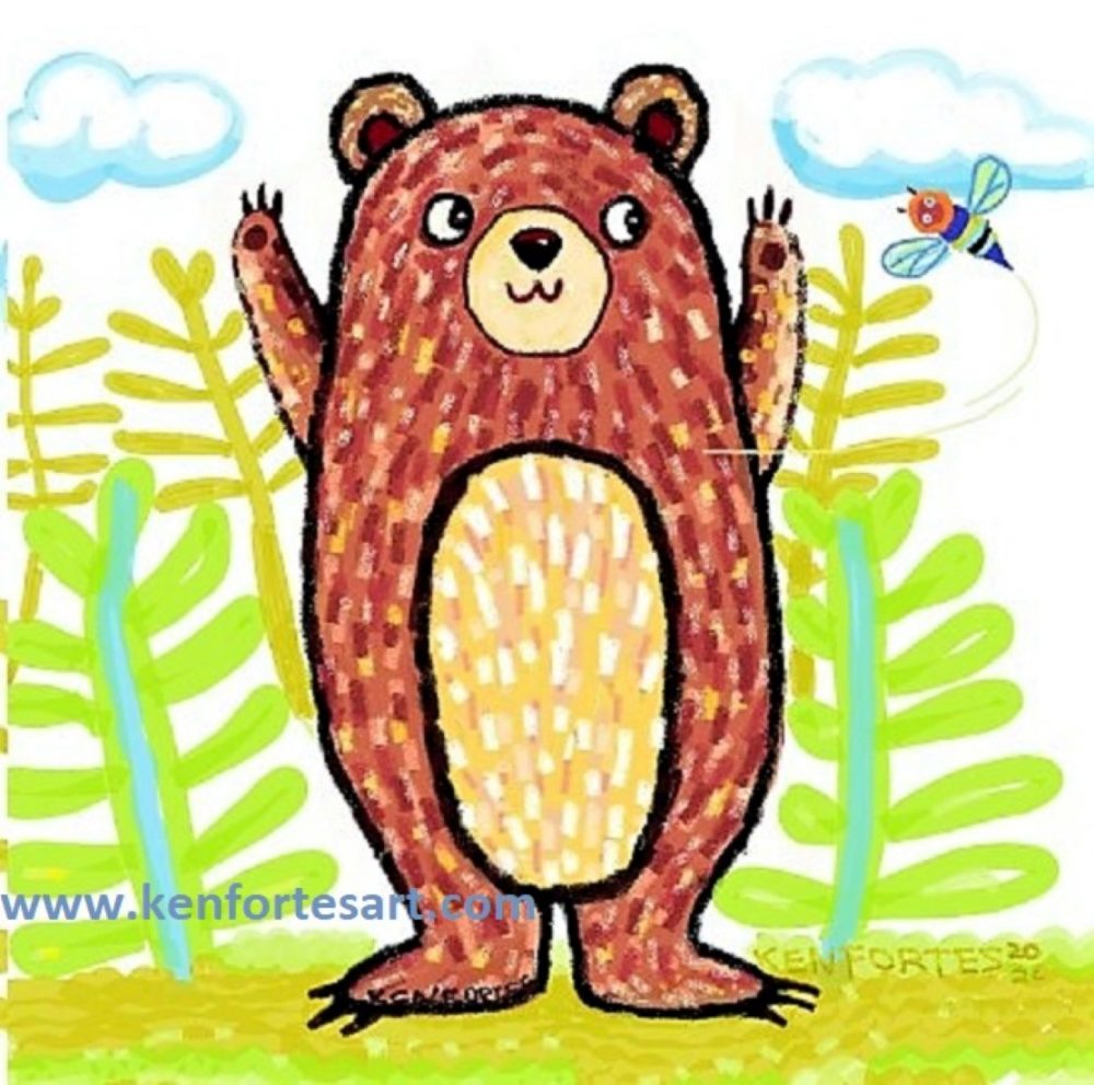 Grizzly brown bear FIGHTS A HONEY BEE- children Crayon sketch coloring