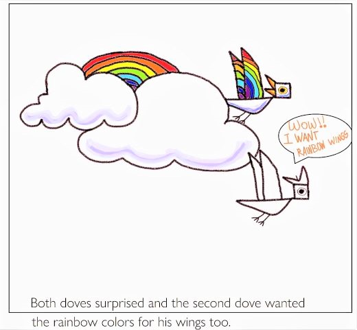 flying birds in magic rainbow clouds - kenfortes art class children coloring pages - 3 Frame story