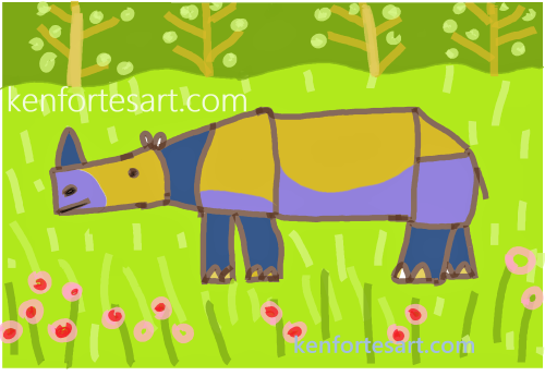Rhinoceros - digital crayon coloring & painting - level 1 kids art lessons - kenfortes online children art classes India