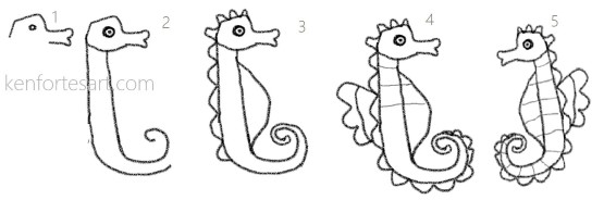 Sea horse pencil sketch - kenfortes online drawing lesson - level 1 kids art class (
