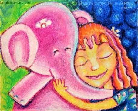 Girl-with-dumbo-elephant-mixed-media-art-crayon-oil-pastel-color-pencils-best children online-arts-classes- kids summer winter arts and crafts camps