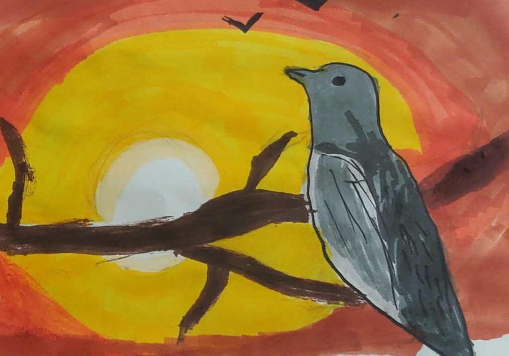 Bird in sunrise by raaga RAAGA -alchocol marker kenfortes art class kids online art gallery