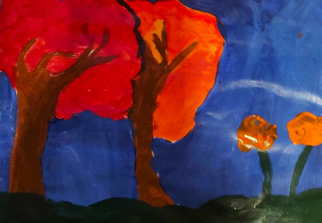 Red trees- Raaga Norway -alchocol marker Kenfortes art class kids online art gallery