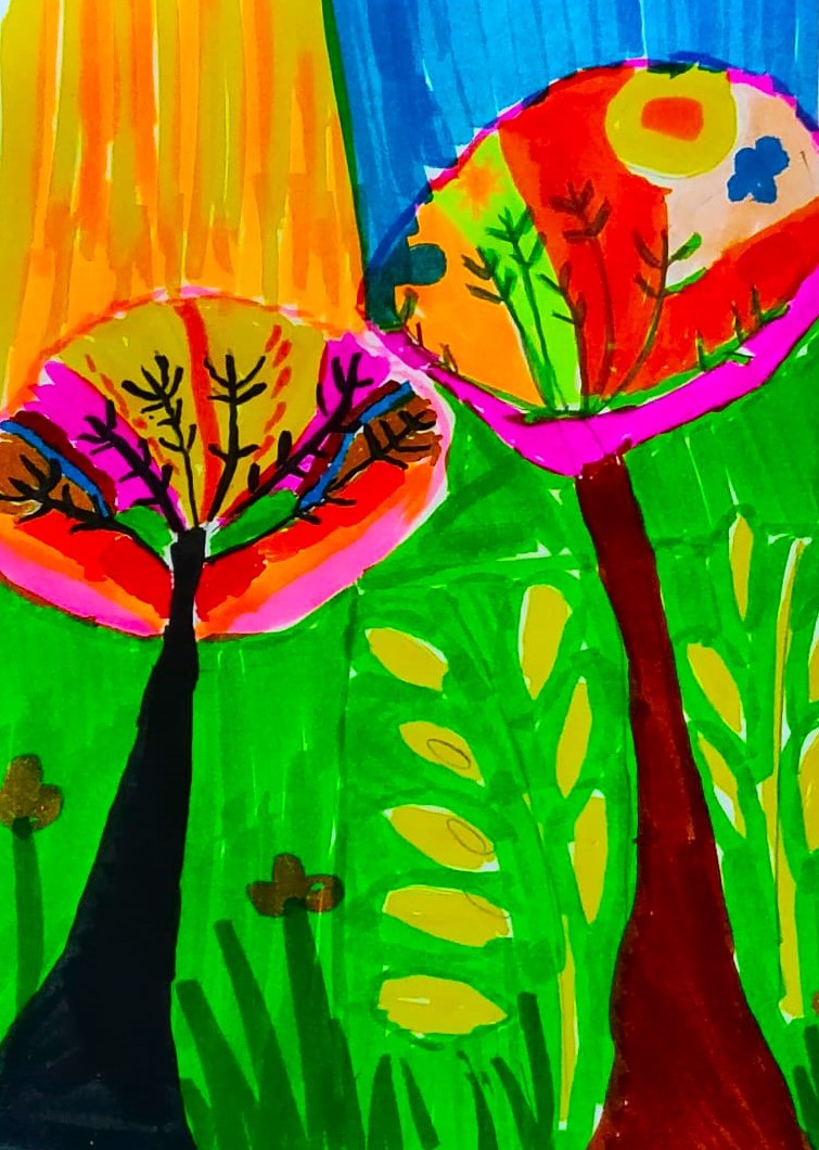 vivid trees- Raaga Norway -alchocol marker Kenfortes art class kids online art gallery